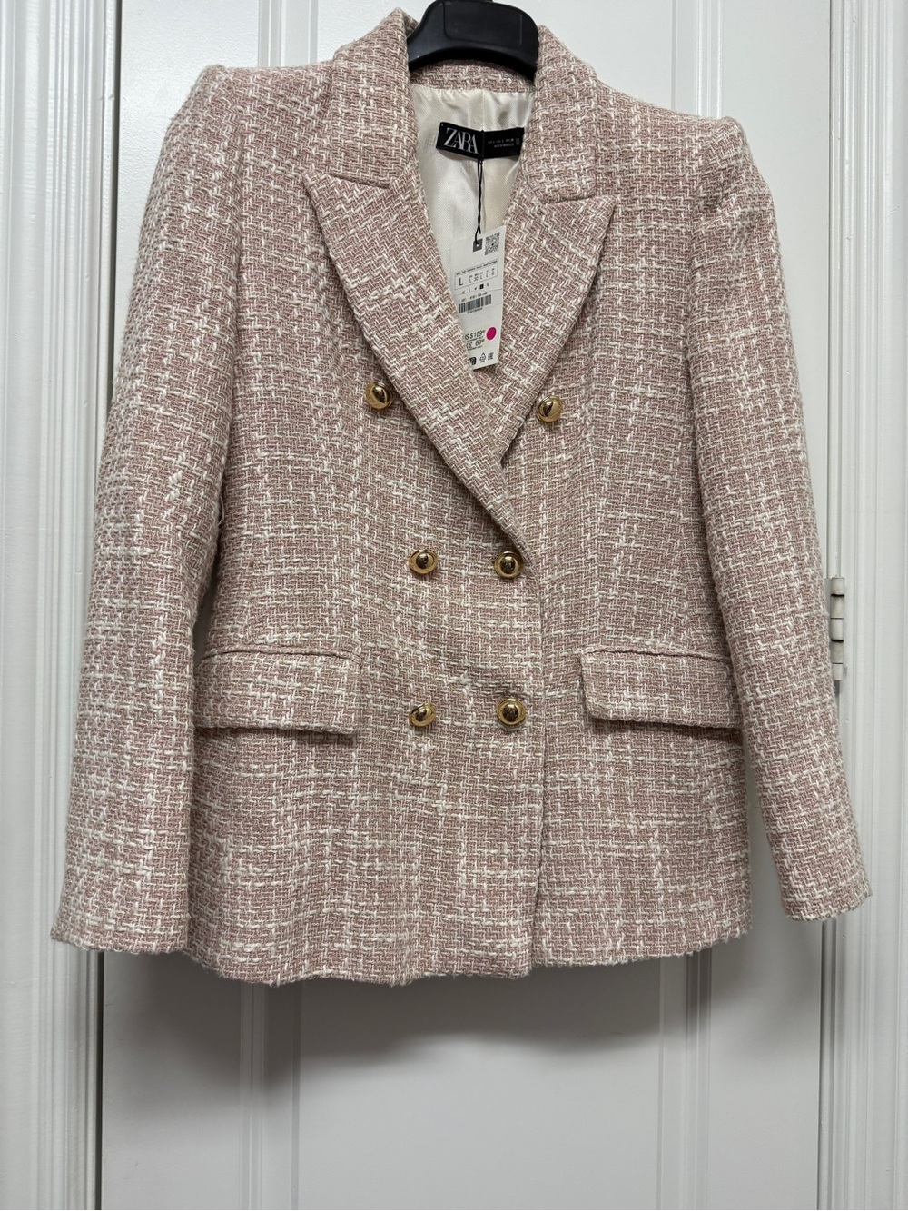 Zara Pink Tweed Double-Breasted Blazer sz L NWT - Picture 4 of 5